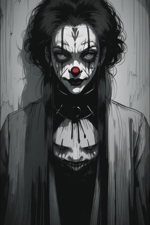 master piece,4k,great artist,creepy clown wearing a old suit,(psychotic eyes),(tall),(flimsy),(poor neglected hair)