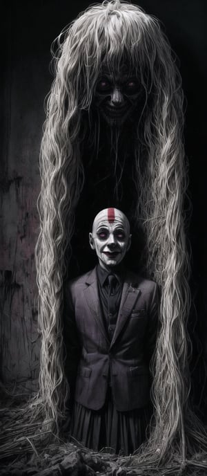 master piece,4k,great artist,creepy clown wearing a old suit,(psychotic eyes),(tall),(flimsy),(poor neglected hair),(great composition),(aureal composition),(great art),(horror art),animal