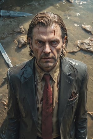 ((serial killer)),sad face,suit,(serial killer eyes),large_nails,Aerial view, Wide-angle viewed from above, a serial with a knife in his hand and a syringe in the other, ,wet hair,he is standing up with a knife in his right hand,ultradetailed ultrarealistic face,8kUHD, wind, close-up ,monster,Extremely Realistic, wet see-through top, golden hour , ,DonMCyb3rN3cr0XL ,cinematic_warm_color,more detail XL,a death body behind him