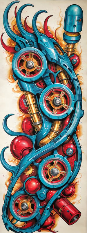 a image of a desing for a tatto sleeve lower arm, the tatto makes the sensation of a biomechanic lower arm, you can see the circuits and biochips, the principal Colors are: red, white and blue. the image evoke power and kidness