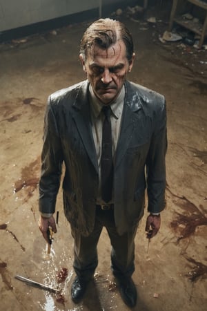 ((serial killer)),sad face,suit,(serial killer eyes),large_nails,Aerial view, Wide-angle viewed from above, a serial with a knife in his hand and a syringe in the other, ,wet hair,he is standing up with a knife in his right hand,ultradetailed ultrarealistic face,8kUHD, wind, close-up ,monster,Extremely Realistic, wet see-through top, golden hour , ,DonMCyb3rN3cr0XL ,cinematic_warm_color,more detail XL,a death body behind him