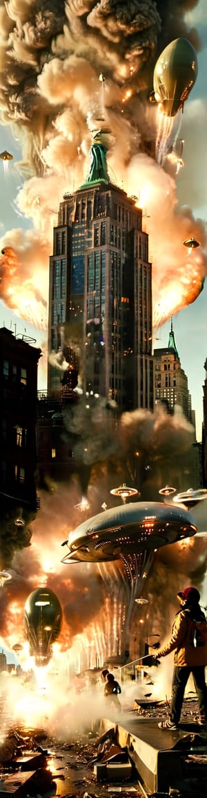 creates an amazing image of how aliens invade new york, people look scared and astonished as the alien ships come. the image takes place in the main street of new york. there are signs broken by alien beams. there is smoke coming out of the buildings, there are aliens everywhere, a part of them is dedicated to gather and collect human beings for their scalvitude and medical and genetic study, the image is taken with a hasselblad 907x camera and a 40 mm wide angle lens. the composition of the image should be based on the golden circle and perspectives created by diagonal lines. high definition image, use surrealist art to generate the image, use cinematographic lighting.
,Realistic,alienzkin