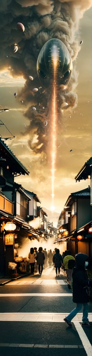 creates an amazing image of how aliens invade kyoto japan, people look scared and astonished as the alien ships come. the image takes place in the main street of kyoto japan. there are signs broken by alien beams. there is smoke coming out of the buildings, there are aliens everywhere, a part of them is dedicated to gather and collect human beings for their scalvitude and medical and genetic study, the image is taken with a hasselblad 907x camera and a 40 mm wide angle lens. the composition of the image should be based on the golden circle and perspectives created by diagonal lines. high definition image, use surrealist art to generate the image, use cinematographic lighting.
,Realistic,alienzkin,hyper realistic image