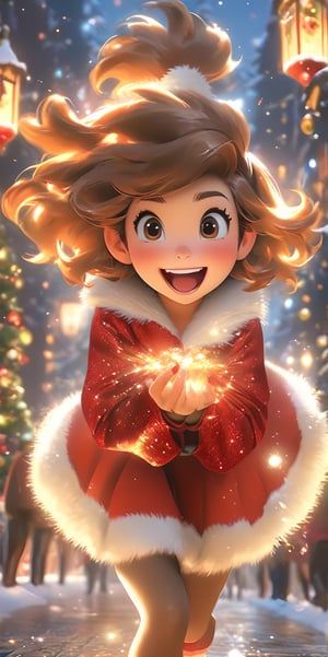 Top resolution、 Top image quality、 ​masterpiece、 8K、 (((One Woman)))、(((27yo)))、 Cheerful smile、 Big open mouth、 (((chestnut-colored hair、6headed body、Wave your hand up、 Soft breasts、sparkly eyes、Light in the eyes、bob cuts)))、 walking around happily、 (((Miniskirt Santa)))、 Wearing a cloak、((Long tights))、 Day Park、the children look surprised、Christmas、