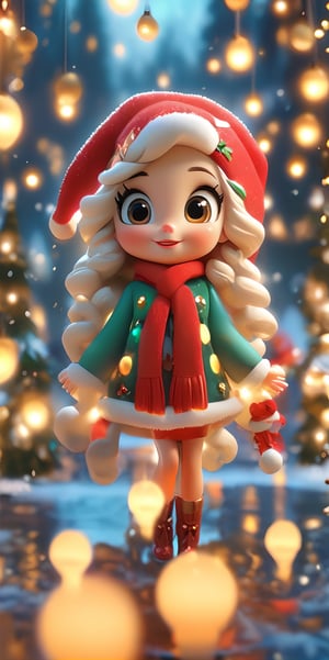 Top resolution、 Top image quality、 ​masterpiece、 8K、Cute Christmas woman with round eyes wearing Santa hat, night aura, Garden fountain, glimmer, Bokeh, beautiful winter city, Mirror effect, Volumetric lighting