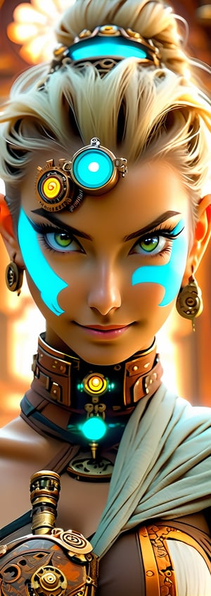 A stunning photograph of a white female Buddhist monk in a meticulously designed steampunk setting wearing a steampunk t-shirt, beautiful face. Full body, random pose, Tattoo. Her eyes and the detailed environment create an engaging image. The sharp focus ensures that every aspect of her face, skin, and body is highly detailed. Masterpiece, Best quality, Intricate high detail, Highly detailed, Sharp focus, Detailed skin, realistic skin texture, detailed eyes, professional, charming smile, shot on Canon, 85mm, shallow depth of field, Kodak Vision Color, Perfect Fit Body, extremely detailed, photography_\(ultra\), Photorealistic, Realistic, Post-processing, maximum details, roughness, real life, ultra realistic, Photorealism, photography, 8k UHD, photography