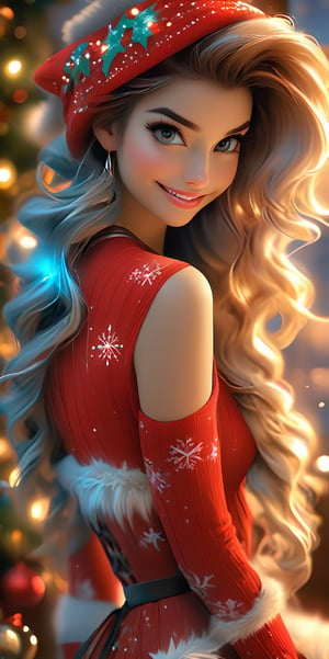 Beautiful Santa Girl  wearing a beautiful santa outfit, lots of fir complex designs, Slim body, thin waist. Active Poses and Angles, In a magical cozy cottage filled with majical christmas decorations, roaring fire in the fireplace, warm lights contrasting cold blue outside big window to see the winter wonderland outside. Cottage has a lot of beautiful wood inside, magical looking inside. Masterpiece, Best quality, Intricate high detail, Highly detailed, Sharp focus, Detailed skin, realistic skin texture, detailed eyes, professional, charming smile, shot on Canon, 85mm, shallow depth of field, Kodak Vision Color, Perfect Fit Body, extremely detailed, photography_\(ultra\), Photorealistic, Realistic, Post-processing, maximum details, roughness, real life, ultra realistic, Photorealism, photography, 8k UHD, photography