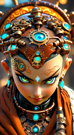 A stunning photograph of a white female Buddhist monk in a meticulously designed steampunk setting wearing a steampunk t-shirt, (fully clothed), beautiful face. Full body, random pose, Tattoo. Her eyes and the detailed environment create an engaging image. The sharp focus ensures that every aspect of her face, skin, and body is highly detailed. Masterpiece, Best quality, Intricate high detail, Highly detailed, Sharp focus, Detailed skin, realistic skin texture, detailed eyes, professional, charming smile, shot on Canon, 85mm, shallow depth of field, Kodak Vision Color, Perfect Fit Body, extremely detailed, photography_\(ultra\), Photorealistic, Realistic, Post-processing, maximum details, roughness, real life, ultra realistic, Photorealism, photography, 8k UHD, photography