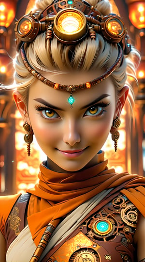 A stunning photograph of a white female Buddhist monk in a meticulously designed steampunk setting wearing a steampunk t-shirt, beautiful face. Full body, random pose, Tattoo. Her eyes and the detailed environment create an engaging image. The sharp focus ensures that every aspect of her face, skin, and body is highly detailed. Masterpiece, Best quality, Intricate high detail, Highly detailed, Sharp focus, Detailed skin, realistic skin texture, detailed eyes, professional, charming smile, shot on Canon, 85mm, shallow depth of field, Kodak Vision Color, Perfect Fit Body, extremely detailed, photography_\(ultra\), Photorealistic, Realistic, Post-processing, maximum details, roughness, real life, ultra realistic, Photorealism, photography, 8k UHD, photography