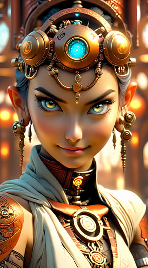 A stunning photograph of a white female Buddhist monk in a meticulously designed steampunk setting wearing a steampunk t-shirt, beautiful face. Full body, random pose, Tattoo. Her eyes and the detailed environment create an engaging image. The sharp focus ensures that every aspect of her face, skin, and body is highly detailed. Masterpiece, Best quality, Intricate high detail, Highly detailed, Sharp focus, Detailed skin, realistic skin texture, detailed eyes, professional, charming smile, shot on Canon, 85mm, shallow depth of field, Kodak Vision Color, Perfect Fit Body, extremely detailed, photography_\(ultra\), Photorealistic, Realistic, Post-processing, maximum details, roughness, real life, ultra realistic, Photorealism, photography, 8k UHD, photography