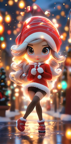 Top resolution、 Top image quality、 ​masterpiece、 8K、Cute Christmas woman with round eyes wearing Santa hat, night aura, Garden fountain, glimmer, Bokeh, beautiful winter city, Mirror effect, Volumetric lighting