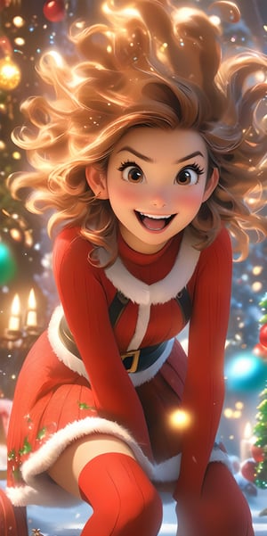 Top resolution、 Top image quality、 ​masterpiece、 8K、 (((One Woman)))、(((27yo)))、 Cheerful smile、 Big open mouth、 (((chestnut-colored hair、6headed body、Wave your hand up、 Soft breasts、sparkly eyes、Light in the eyes、bob cuts)))、 (((Miniskirt Santa)))、 Wearing a cloak、((Long tights))、 Day Park、the children look surprised、Christmas、