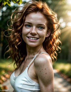 photorealistic photograph of a beautiful woman irish redhead, natural wavy hair, full body shot, random pose, modern clothes,  god rays, soft tones, dreamy haze, highly detailed skin, rim lighting, hard lighting, 8k, charming smile, innocent face, shot on Canon, 85mm, shallow depth of field, Kodak Vision Color, thin body, extremely detailed, photography_\(ultra\), Photorealistic, Realistic, Post-processing, maximum details, roughness, real life, ultra realistic, Photorealism, photography, 8k UHD, photography