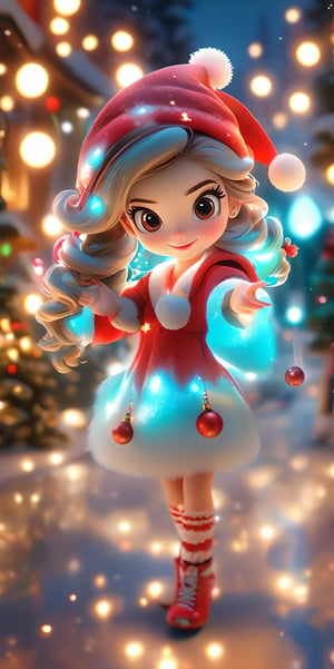 Top resolution、 Top image quality、 ​masterpiece、 8K、Cute Christmas girl with round eyes wearing Santa hat, night aura, Garden fountain, glimmer, Bokeh, beautiful winter city, Mirror effect, Volumetric lighting