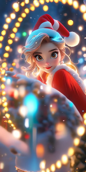 Top resolution、 Top image quality、 ​masterpiece、 8K、Cute Christmas woman with round eyes wearing Santa hat, night aura, Garden fountain, glimmer, Bokeh, beautiful winter city, Mirror effect, Volumetric lighting