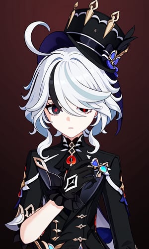 furina \(genshin impact\),black eyes,black  hair, cowlick,ahoge,hair over one eye,light  ,short hair,asymmetrical gloves,black Globes, solo, 1girl,black gloves,white hair,x-shapped pupils, black eyes with red x-shaped pupils, black hat, black clothes, red details