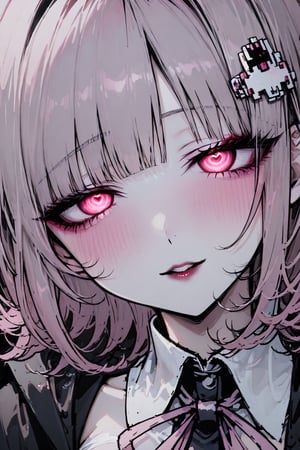  pink eyes, pink hair, spaceship hair ornament, HAIRCLIP, yandere smile,  HAIRCLIP hairclip,nanami chiaki,yandere makeup, (love blush:1.5),glowing-eyes,half-closed eyes, pupils of heart, gaze of obsession,