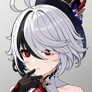 furina \(genshin impact\),black eyes,black  hair, cowlick,ahoge,hair over one eye,light  ,short hair,asymmetrical gloves,black Globes, solo, 1girl,black gloves,white hair,x-shapped pupils, black eyes with red x-shaped pupils, black hat, black clothes, red details