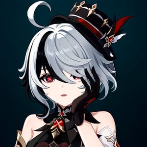 furina \(genshin impact\),black eyes,black  hair, cowlick,ahoge,hair over one eye,light  ,short hair,asymmetrical gloves,black Globes, solo, 1girl,black gloves,white hair,x-shapped pupils, black eyes with red x-shaped pupils, black hat, black clothes, red details