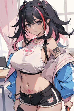 idol pose, smiling, SOLO, 1girl, in cute anime gym, PINK and BLACK multicolored hair, tan skin, big boobs, womb tattoo, succubus, big boobs, blue eyes, slim thicc, jean shorts, crop top, fangs, colorful, vibrant, masterpiece, 8k