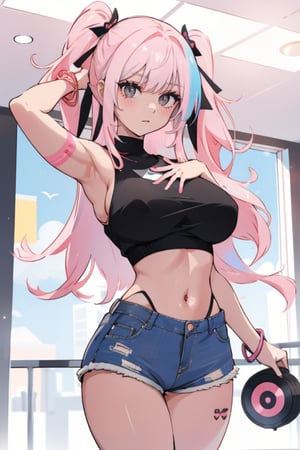 idol pose, smiling, SOLO, 1girl, in cute anime gym, PINK and BLACK multicolored hair, tan skin, big boobs, womb tattoo, succubus, big boobs, blue eyes, slim thicc, jean shorts, crop top, fangs, colorful, vibrant, masterpiece, 8k