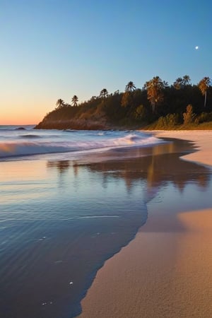 A warm bio-luminous glow illuminates a serene beach scene at dusk. The sky is painted with hues of deep blue, gradually transitioning to darkness. The stars shine bright above, scattered across the velvety blackness. Waves gently lap against the shore, their gentle rhythm harmonizing with the soft light.