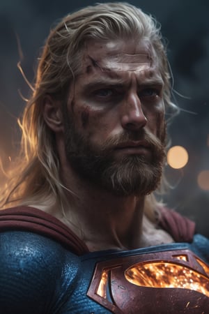 very Long blond beard and big handsome very muscular warrior as superman , fire eyes like lazer, leading, closeup, night, in front of post Apocalyptic waste land, dark outfit, Detailed, with light reflection, Storming ، movie, battle, many particles, hyper-realistic, award-winning, 8k