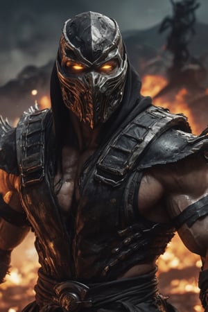 very big muscular warrior with pale white eyes with monsters mask as scorpion in mortalkombat, fire eyes like lazer, leading, closeup, night, in front of post Apocalyptic waste land, dark outfit, Detailed, with light reflection, Storming ، movie, battle, many particles, hyper-realistic, award-winning, 8k