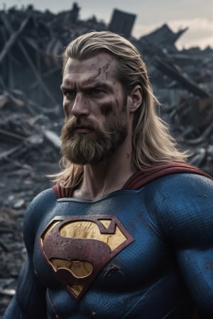 very Long blond beard and big handsome very muscular warrior as superman , upper torso , leading, closeup, night, in front of post Apocalyptic waste land, dark blue outfit, Detailed, with light reflection, Storming ، movie, battle, many particles, hyper-realistic, award-winning, 8k