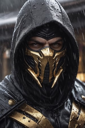 Portrait of a very big muscular warrior with dark golden metallic monsters mask and a black leather  hoody as scorpion in mortalkombat, very verywet rain, face  portrait, stormy  weather, brown leather armor, snowing, leading, closeup, night, in front of post Apocalyptic japaness palace, dark outfit, Detailed, with light reflection, Storming ، movie, battle, many particles, hyper-realistic, award-winning, 8k