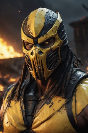 very big muscular warrior with pale white eyes and yellow mask as scorpion in mortalkombat, fire eyes like lazer, leading, closeup, night, in front of post Apocalyptic waste land, dark outfit, Detailed, with light reflection, Storming ، movie, battle, many particles, hyper-realistic, award-winning, 8k