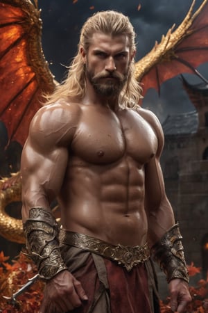 very Long blond beard and big handsome very muscular warrior,  oily body, upper torso , leading, closeup, night, in front of golden winged dragon, Detailed, with light reflection, oily body, in front of persian castle, Storming ، movie, battle, many particles, between the brown leaves ,many red leafs suspended in the air, hyper-realistic, award-winning, 8k