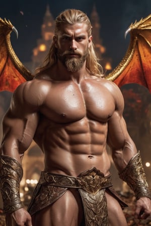 very Long blond beard and big handsome very muscular warrior,  oily body, upper torso , leading, closeup, night, in front of golden winged dragon, Detailed, with light reflection, oily body, in front of persian castle, Storming ، movie, battle, many particles, between the brown leaves ,many red leafs suspended in the air, hyper-realistic, award-winning, 8k
