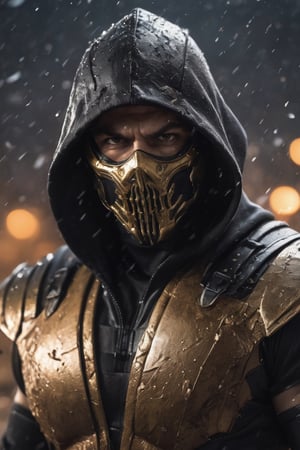 Portrait of a very big muscular warrior with dark golden monsters mask and a black leather  hoody as scorpion in mortalkombat  portrait, brown leather armor, snowing, leading, closeup, night, in front of post Apocalyptic waste land, dark outfit, Detailed, with light reflection, Storming ، movie, battle, many particles, hyper-realistic, award-winning, 8k