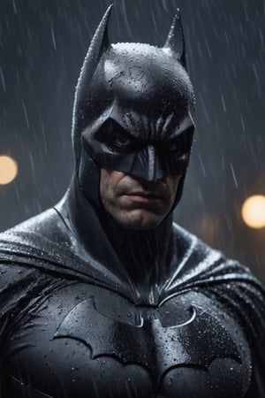 Portrait of very big body muscular batman in zacksnyder movies, wide  neck, very very wet rain, face  portrait, stormy  weather, snowing, leading, closeup, night, in front of hell, dark outfit, Detailed, with light reflection, Storming ، movie, battle, many particles, hyper-realistic, award-winning, 8k