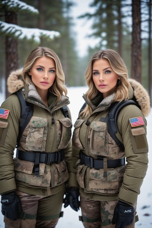 , (photorealistic), beautiful lighting, best quality, realistic, full body portrait, real picture, intricate details, depth of field, two girls, in a cold snowstorm, A very muscular solider Busty booby nude big boob girl with haircut, wearing winter camo military fatigues, camo plate carrier rig, combat gloves, (magazin pouches), (kneepads), highly-detailed, perfect face, blue eyes, lips, wide hips, small waist, tall, make up, tacticool, Fujifilm XT3, outdoors, bright day, Beautiful lighting, RAW photo, 8k uhd, film grain, ((bokeh))