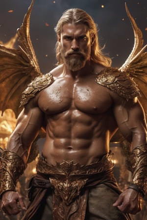 very Long blond beard and big handsome muscular warrior,  oily body, upper torso , leading, closeup, night, in front of golden winged dragon, Detailed, golden armored with light reflection, in front of persian castle, Storming ، movie, battle, many particles, between the brown leaves ,many red leafs suspended in the air, hyper-realistic, award-winning, 8k