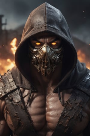 very big muscular warrior with pale white eyes with monsters mask and a brown leather  hoody as scorpion in mortalkombat  portrait, fire eyes like lazer, leading, closeup, night, in front of post Apocalyptic waste land, dark outfit, Detailed, with light reflection, Storming ، movie, battle, many particles, hyper-realistic, award-winning, 8k