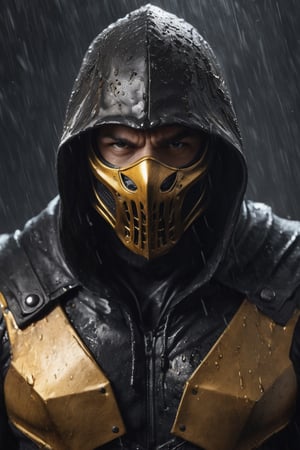 Portrait of a very big muscular warrior with dark golden metallic monsters mask and a black leather  hoody as scorpion in mortalkombat, very verywet rain, face  portrait, stormy  weather, brown leather armor, snowing, leading, closeup, night, in front of hell, dark outfit, Detailed, with light reflection, Storming ، movie, battle, many particles, hyper-realistic, award-winning, 8k