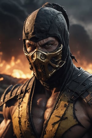 big very muscular warrior as scorpion in mortalkombat, fire eyes like lazer, leading, closeup, night, in front of post Apocalyptic waste land, dark outfit, Detailed, with light reflection, Storming ، movie, battle, many particles, hyper-realistic, award-winning, 8k