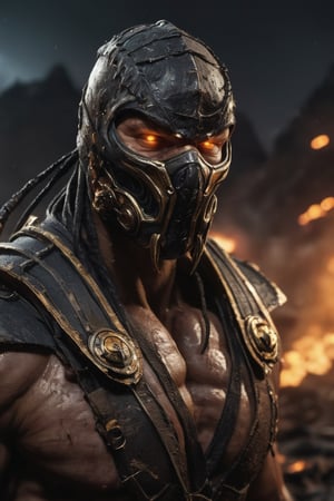 big very muscular warrior as scorpion in mortalkombat, fire eyes like lazer, leading, closeup, night, in front of post Apocalyptic waste land, dark outfit, Detailed, with light reflection, Storming ، movie, battle, many particles, hyper-realistic, award-winning, 8k