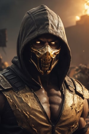 very big muscular warrior with dark golden monsters mask and a brown leather  hoody as scorpion in mortalkombat  portrait, leading, closeup, night, in front of post Apocalyptic waste land, dark outfit, Detailed, with light reflection, Storming ، movie, battle, many particles, hyper-realistic, award-winning, 8k