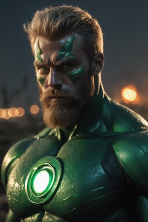 very Long blond beard and big handsome very muscular warrior as green lantern, fire eyes like lazer, leading, closeup, night, in front of post Apocalyptic waste land, dark outfit, Detailed, with light reflection, Storming ، movie, battle, many particles, hyper-realistic, award-winning, 8k