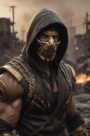 very big muscular warrior with dark golden monsters mask and a brown leather  hoody as scorpion in mortalkombat  portrait, leading, closeup, night, in front of post Apocalyptic waste land, dark outfit, Detailed, with light reflection, Storming ، movie, battle, many particles, hyper-realistic, award-winning, 8k