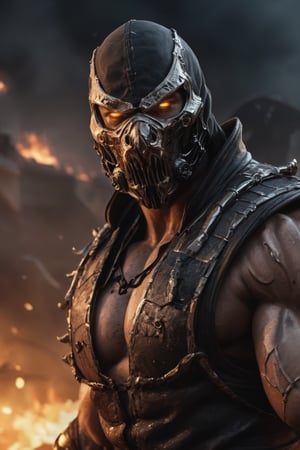 very big muscular warrior with pale white eyes with monsters mask as scorpion in mortalkombat, fire eyes like lazer, leading, closeup, night, in front of post Apocalyptic waste land, dark outfit, Detailed, with light reflection, Storming ، movie, battle, many particles, hyper-realistic, award-winning, 8k