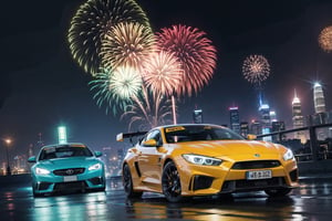 (digital artwork), matt yellow sports car, wide body kit, modified car, racing livery, car driving 
 at high speed, rainingmasterpiece, best quality, realistic, ultra highres, depth of field,(full dual colour neon lights:1.2), (hard dual colour lighting:1.4), (detailed background), (masterpiece:1.2), (ultra detailed), (best quality), intricate, comprehensive cinematic, magical photography, (gradients), colorful, detailed landscape, visual key, heavy rain falling, Hong Kong city skyline background, Neon advertisement lights, New Year fireworks in back ground