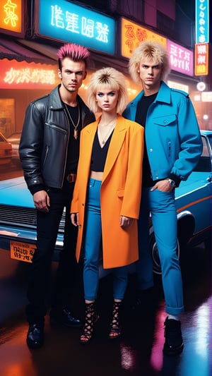 2 Caucasian men and 1 caucasian girl, blue eyes, full body,  blond hair,  1st Caucasian man in Punk hairstyle, 2nd man Caucasian in punk hairstyle, the Caucasian girl in shaggy bob,  ultra realistic,  high_res,  prism light,  80s punk rock fashion,  formal posing,  warm tone, detailmaster2,  Vogue,,, 

conceptual photography, masterpiece, ultra detailed, , in the heart of downtown Taipei, bathed in the vibrant hues of the city's neon lights, wet street, puddles on street,night market, heavy Traffic in background with 1980s japanese cars.
