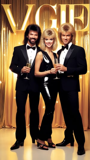 2 men, 1girl,  full body, blond hair, 2 men in mullet hairstyle , the woman in shaggy bob , ultra realistic, high_res, prism light, musical instruments, 80s punk rock fashion, formal posing, warm tone, detailmaster2,Vogue, New years celebration in background. holding champagne glass.