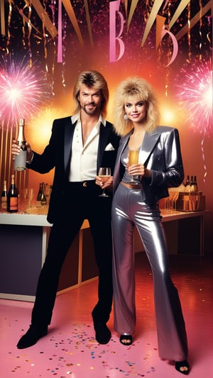 2 men, 1girl,  full body, all with blond hair, 2 men in mullet hairstyle , the woman in shaggy bob , ultra realistic, high_res, prism light, musical instruments, 80s punk rock fashion, formal posing, warm tone, detailmaster2,Vogue, New years celebration in background. holding champagne glass. confetti, 
