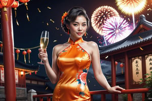 Asian, only 1 woman, full body, with new wave hairstyle, wearing orange chinese Cheongsam, ultra realistic, high_res, prism light, formal posing, detailmaster2, conceptual photography, masterpiece, ultra detailed,  New years celebration in background. holding champagne glass and champagne bottle, confetti, fireworks in distant background, night time,  Outside a Chinese traditional chinese house, chinese text, hyper detailed, ultra realistic, photo r3al, correct_anatomy.
